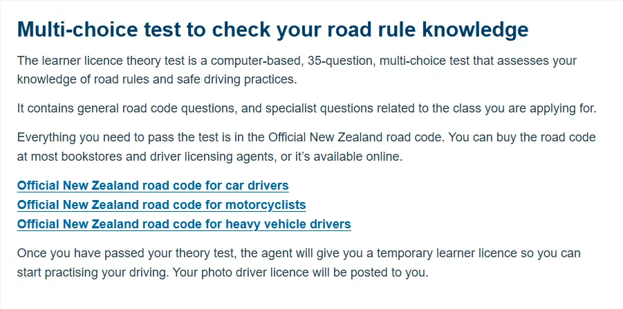 Official NZTA theory test page describing the multi-choice learner licence test and linking to the Road Code