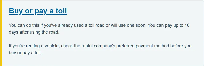 Official NZTA tolling page showing the Buy or pay a toll option and its post-trip window